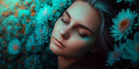 Junge hübsche Frau liegt im Türkis Blumen Bett und genießt die Sonnenstrahlen und den Duft, ai generativ - obrazy, fototapety, plakaty