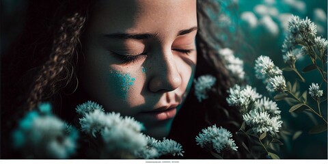 Junge hübsche Frau liegt im Türkis Blumen Bett und genießt die Sonnenstrahlen und den Duft, ai generativ