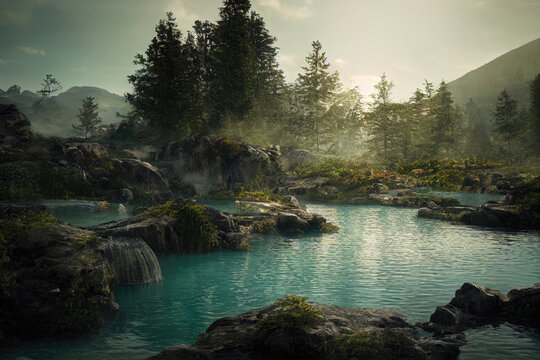 Natural Hot Spring For Relaxation Mindfulness And Self Care In Forest With Mountain Views Made With Generative AI