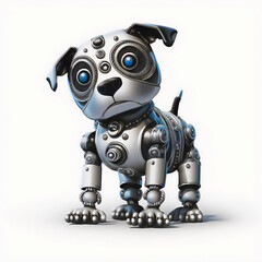 Robot puppy in a sitting pose is illustrated against a bright white background