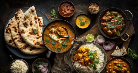 Assorted various Indian food on a dark rustic background. Traditional Indian dishes Chicken tikka masala, palak paneer, saffron rice, lentil soup, pita bread and spices. Square photo.Top view - obrazy, fototapety, plakaty
