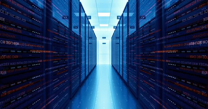 Interior of a futuristic data center. Transferring high speed data. Computer racks all around.