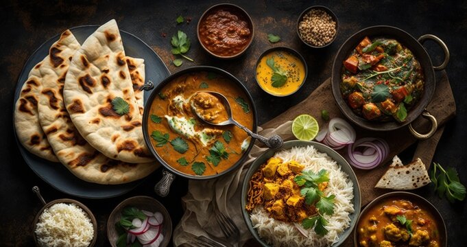 Assorted various Indian food on a dark rustic background. Traditional Indian dishes Chicken tikka masala, palak paneer, saffron rice, lentil soup, pita bread and spices. Square photo.Top view