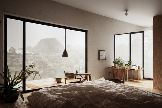 Cozy Bright Sustainable Earth Tone Luxury Primary Bedroom Interior with Organic Furniture and Wood Made with Generative AI