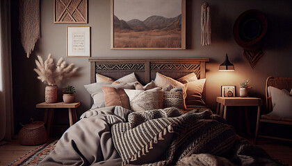 Bohemian style bedroom interior design. Generative AI