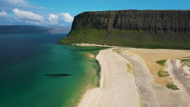 Aerial view of Tungurif Golden beach along the coastline, Westfjord, Iceland.