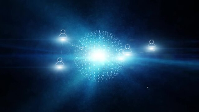 Binary sphere with motion digital icon person symbols in dark blue cyberspace cosmos animation background. Seamless looping.