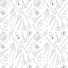 Manicure tools doodle seamless pattern. Manicure scissors, gel polish and woman hands on white background