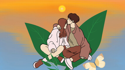 Kiss of love between a woman  and a man in the middle of the leaves of nature