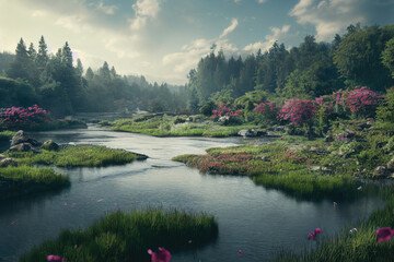 Dreamy Waterscape with Meadow Waterscape Made with Generative AI