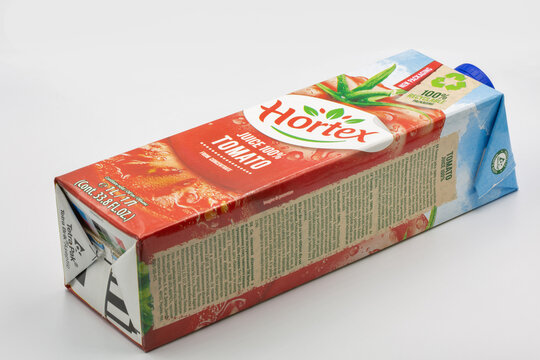 Hortex tomato juice package closeup on white.