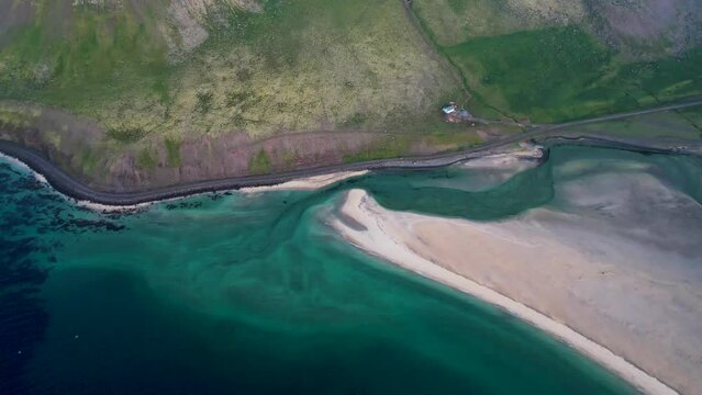 Aerial view of endless beach Halong the coastline at Tungurif Golden beach, Westfjord, Iceland.