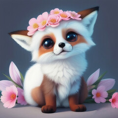 a cute small fox with flowers in its hair sitting on a table, ai genrated