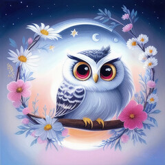 Obraz premium a cute little owl with big eyes sitting on a branch with flowers and stars around it's neck and eyes, with a moon in the background, ai generated