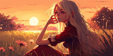 Beautiful young woman or girl in a portrait sitting in a meadow admiring the sunset while spending a summer evening outside. a soft crimson glow. Sunshine. Generative AI