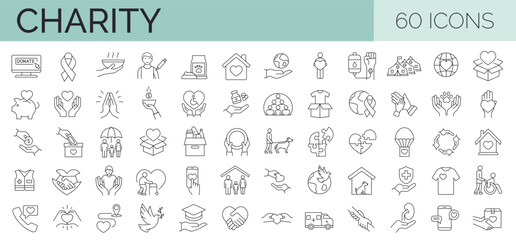 Outline set of 60  volunteering, charity, donation vector icons for web design. Editable stroke. Vector illustration