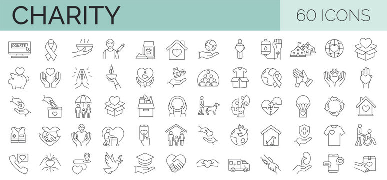 Outline set of 60  volunteering, charity, donation vector icons for web design. Editable stroke. Vector illustration
