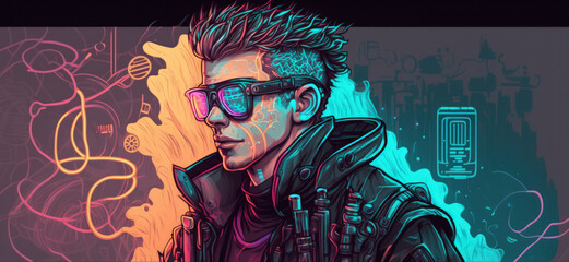 An abstract depiction of a cyberpunk dude. futuristic, high tech man from the future. Cyberpunk and virtual reality concepts are shown in this illustration. Generative AI