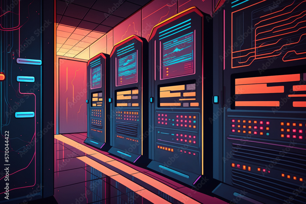 Poster a server room with a computerized data processing image over it. digitally produced concept illustra
