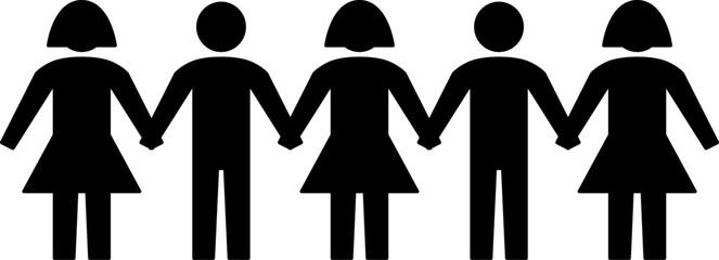 People Row Figures Group Holding Hands Together Symbol Icon. Vector Image.