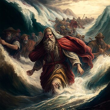 Exodus of the bible, Moses crossing the Red Sea with the Israelites, escape from the Egyptians, illustration