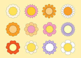 Retro groovy chamomile set. Different hippie daisy collection. Hippy psychedelic flower collection. Positive vintage cartoon style plants sticker pack. Trendy y2k pop culture design vector elements