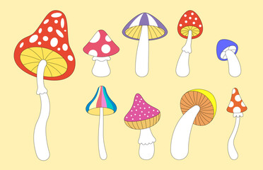 Retro groovy trippy mushroom set. Hippie psychedelic fly agaric fungus collection. Hippy toadstool. Vintage cartoon hallucinogenic fantasy amanita pack. Trendy y2k pop culture design vector elements