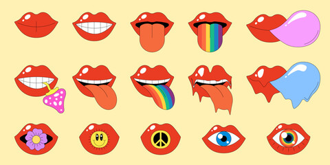 Retro open mouth with red sensual lips set. Psychedelic hippie tongue sticking out with rainbow, flower, mushroom and gum. Vintage hippy groovy style crazy various mimic emotion and facial expressions