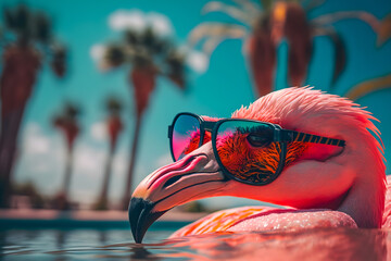 Bright flamingo bird in sunglasses rests on the beach by the pool under palm trees with a glass. Beautiful exotic tropical summer elegant holiday vacation concept. Generative AI