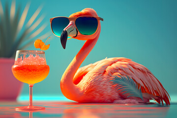 Bright flamingo bird in sunglasses rests on the beach by the pool under palm trees with a glass of fruit cocktail. Beautiful exotic tropical summer elegant holiday vacation concept. Generative AI - obrazy, fototapety, plakaty