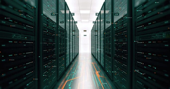 Huge amount of data transferring in modern server room. Computer racks all around.