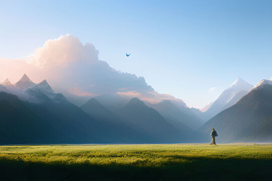 Cinematic dreamlike and surreal image of a woman walking through green meadows at sunset with blue mountains in the background, created with Generative AI technology