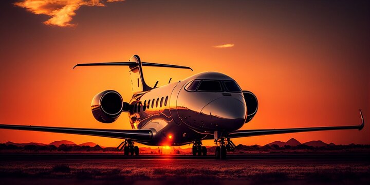 Luxuriöser  Privat Jet Flieger in der Abendsonne nach der Landung, ai generativ