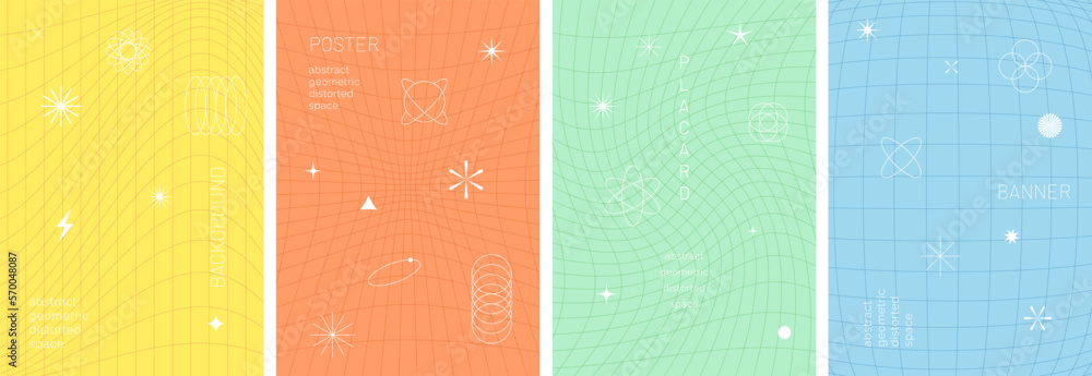 Poster abstract geometric distorted space poster set. futuristic linear grid with distortion on colorful ba