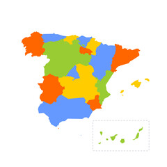 Spain political map of administrative divisions - autonomous communities and autonomous cities of Ceuta and Melilla. Blank colorful vector map.