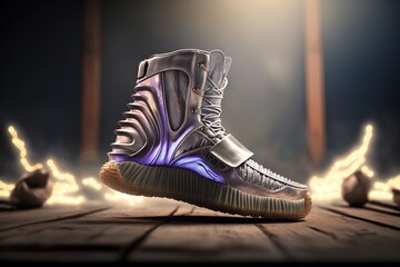 A futuristic designer shoe on a flaming background, generative ai