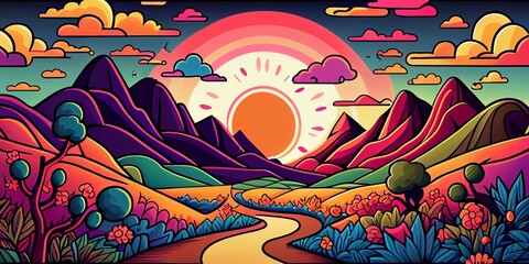 Obraz premium Colorful psychedelic landscape cartoon style wallpaper. 70s Hippie Clouds, Rainbows, sun, mountains background. Generative AI