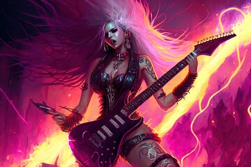A sexy female rockstar playing an electric guitar with flames and a vibrant pink background, generative ai
