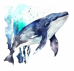 Beautiful whale hand drawn watercolor illustration sea animals