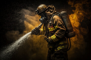 Fototapeta premium A firefighter spraying water on a fire, disaster photography, Generative Ai