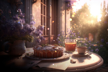 Obraz premium Sunny view of the table on the terrace with flowers, nature wallpaper AI Generated