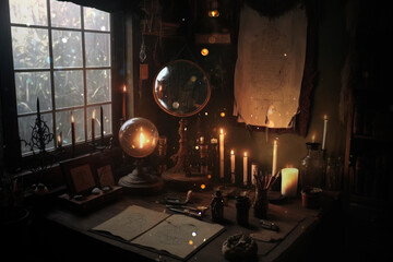 Dark witchcraft room, candle lantern, old vintage books, AI Generated background