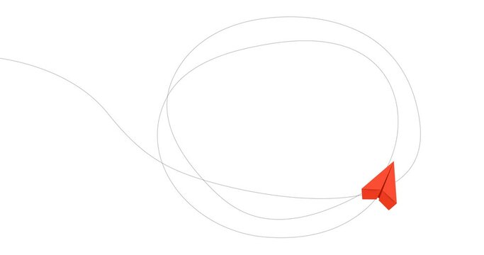 Red paper plane flying in a spiral path. Be yourself, think differently concept. Going out of line, innovation, unique, leadership, new idea. Courage to risk. 4k graphic motion