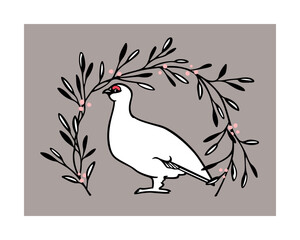 Vector card with hand drawn graceful white rock ptarmigan in delicate floral berries laurel. Ink drawing, decorative graphic style. Beautiful northern wild nature design elements