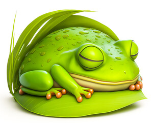 Sleeping green frog mascot snoozing against a white backdrop, perfect for adding a touch of emotion to any image. Generative AI