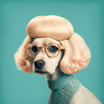 Portrait of a 60s fashion dog illustration, trendy and funny art Generative AI