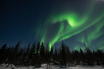 Powerful Northern Lights display in northern Canada while the full moon shines overhead. Aurora Borealis at its best.