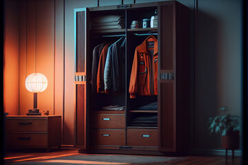 Modern wooden wardrobe with clothes hanging on rail in walk in closet design interior.Modern modular wardrobe concept. High quality ai generated illustration.