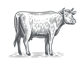 Obraz na płótnie Canvas Dairy cow sketch. Farm animal. Hand drawn Cow, standing full-length in front of white background. Vector illustration