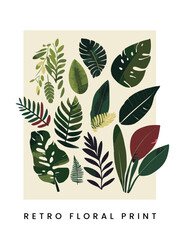 Vector Abstract Retro Screen Print Botanical Tropical Leaf Surface Pattern Elements for Poster, Book Cover or Advertisement Background.